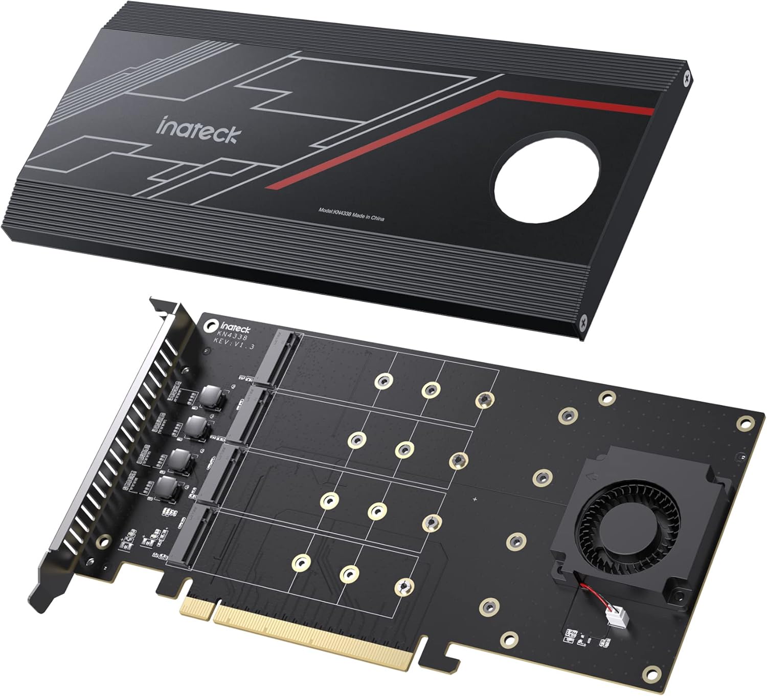 Inateck PCIe x16 to M.2 Card, 4 NVMe SSDs Supported, Built-in Cooling Fan, PCIe Bifurcation Motherboard Required, KN4338 Pack of 2