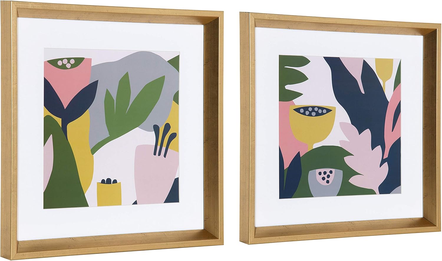 Kate and Laurel Calter Myriam's Garden Matted Framed Print Under Glass Art Set by Myriam Van Neste, 15.5x15.5 inches/Each, Gold Pack of 2