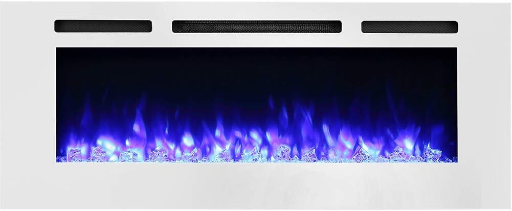 PuraFlame Alice 50 Inches Recessed Electric Fireplace, Flush Mounted for 2 X 6 Stud, Log Set & Crystal, 1500W Heater, White