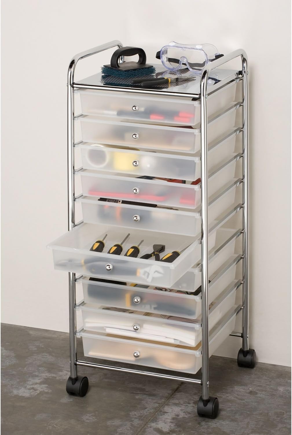Multi-Use 10 Drawer Rolling Cart , Clear White and Chrome Pack of 2