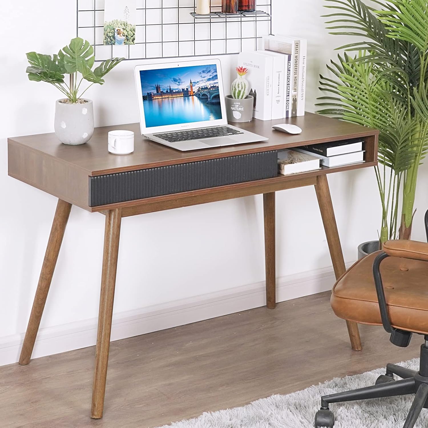 Mid Century Modern Desk Office Writing Desk with Drawer Small Wooden Home Office Desk Table Computer Desk for Small Places, Walnut by Artswish