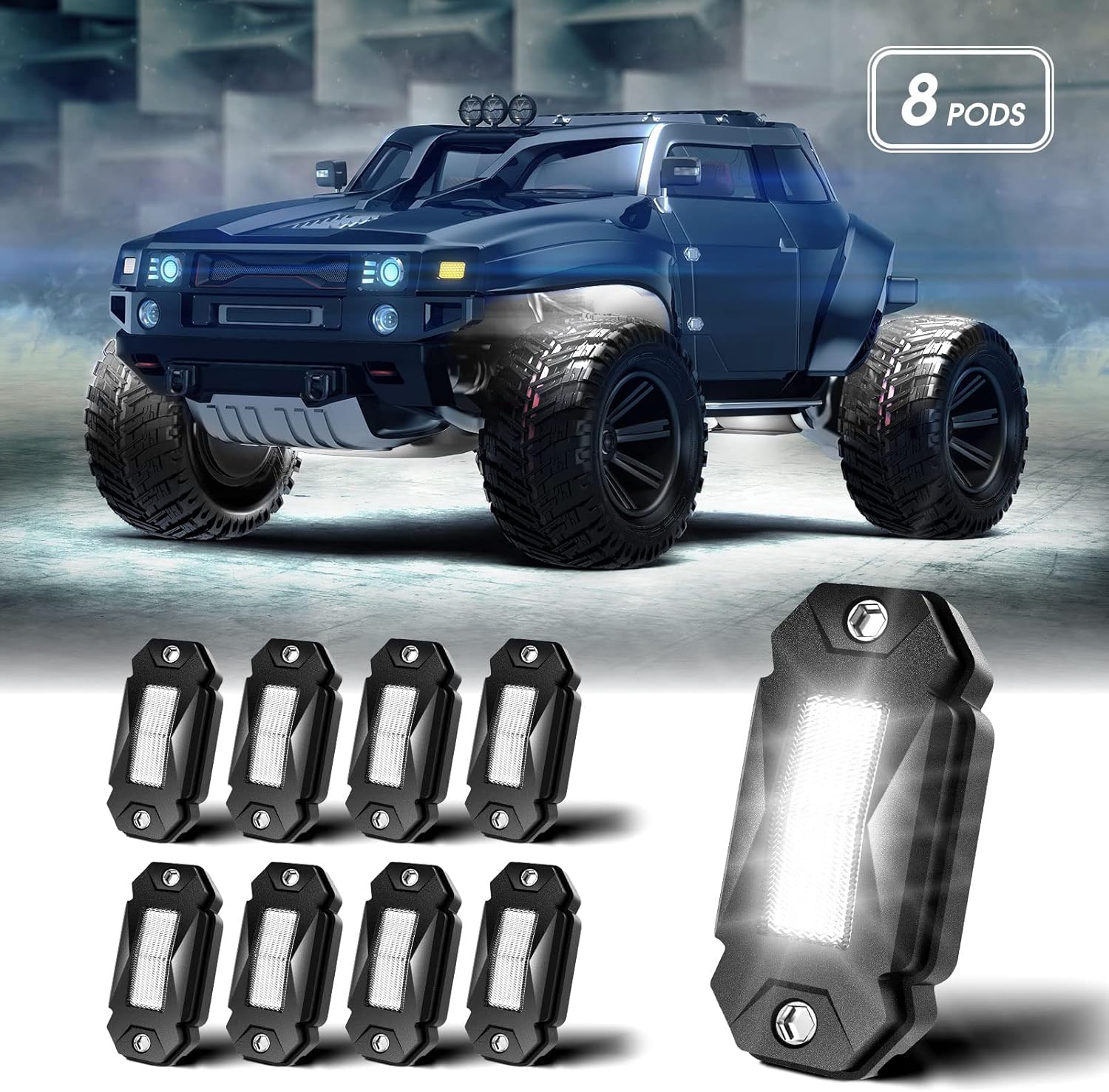 Wowtome LED Rock Lights White Super Bright Pure White Waterproof LED Underglow Neon Light for Truck Jeep Off Road Car ATV UTV SUV Boat Trail Rig Lamp (Black, 8-Pods)