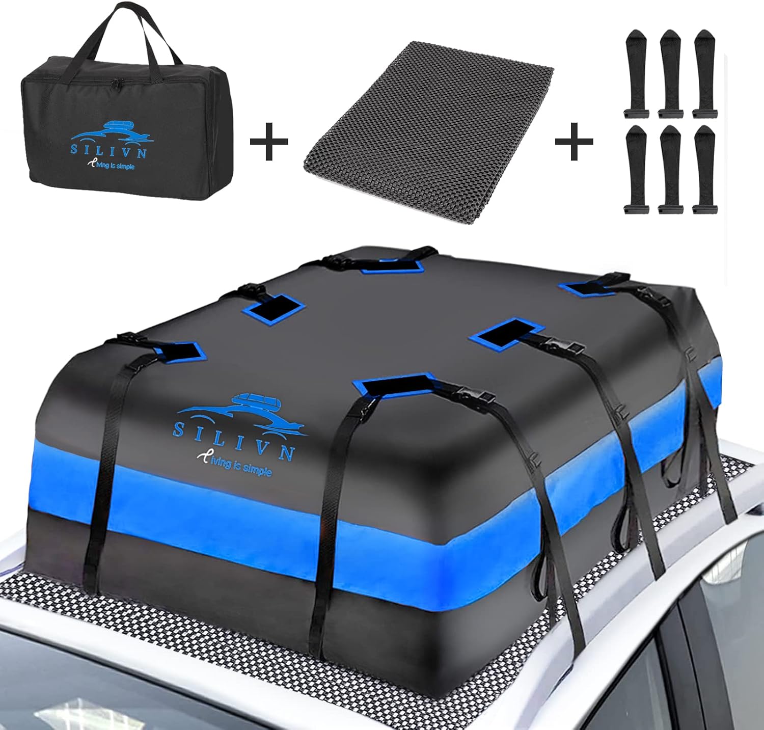 SILIVN Car Cargo Carrier Roof 20 Cubic Feet Roof Bag Waterproof Roof Cargo Bag Car Roof Bag for All Vehicle with/Without Racks - Storage Bag, Anti-Slip Mat, 2 Extra Straps, 6 Door Hooks