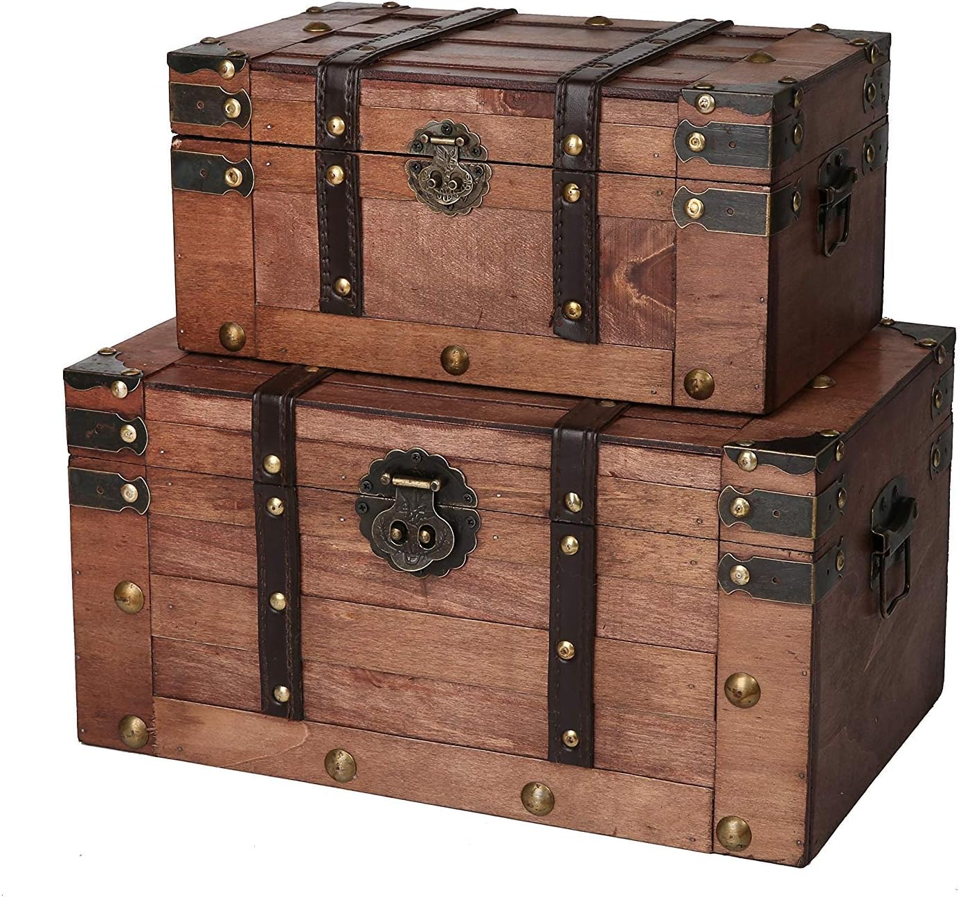 SLPR Alexander Wooden Chest - Set of 2 | Decorative Storage Trunk with Lid (Rustic Brown) | Antique Wood Chest Pack of 2