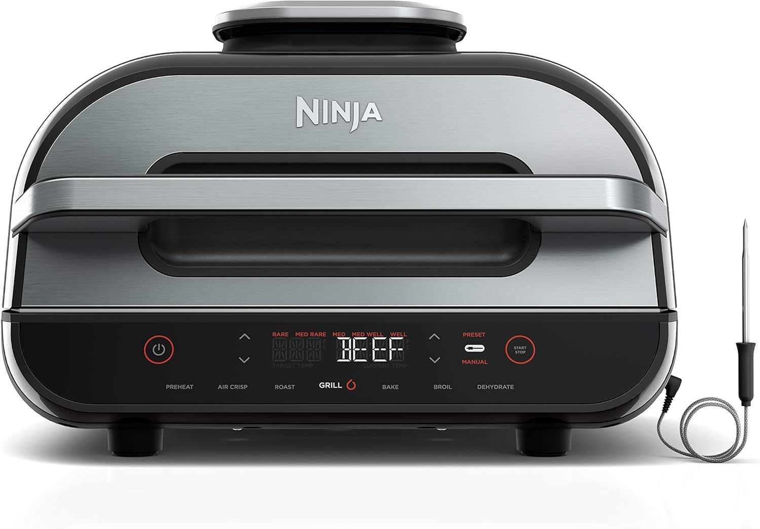 (Renewed) NINJA FG551 Foodi Smart XL 6-in-1 Indoor Grill with 4-Quart Air Fryer Roast Bake Dehydrate Broil and Leave-in Thermometer, with Extra Large Capacity, and a stainless steel Finish