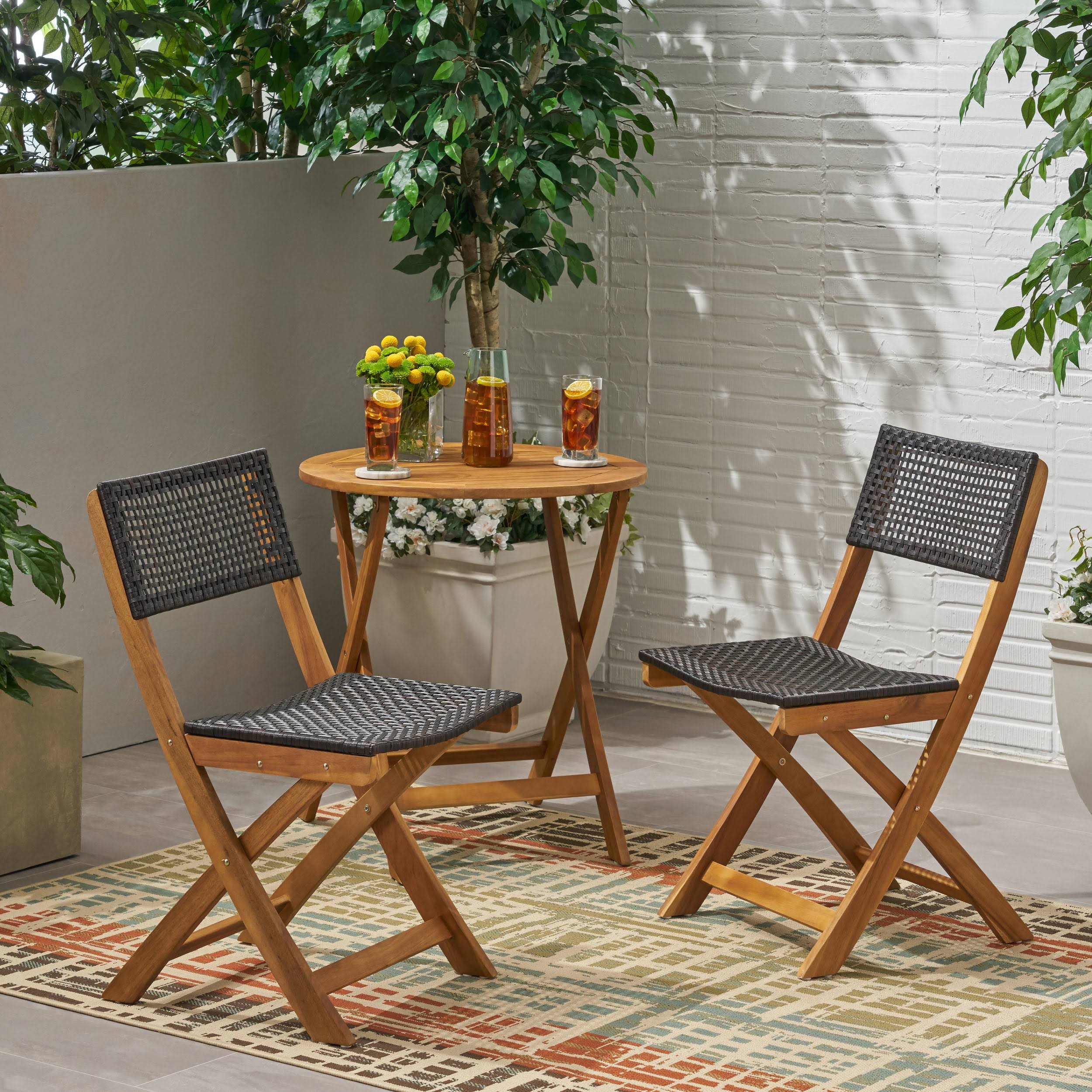 Truda Outdoor Acacia Wood Foldable Bistro Chairs with Wicker Seating (Set of 2) Teak