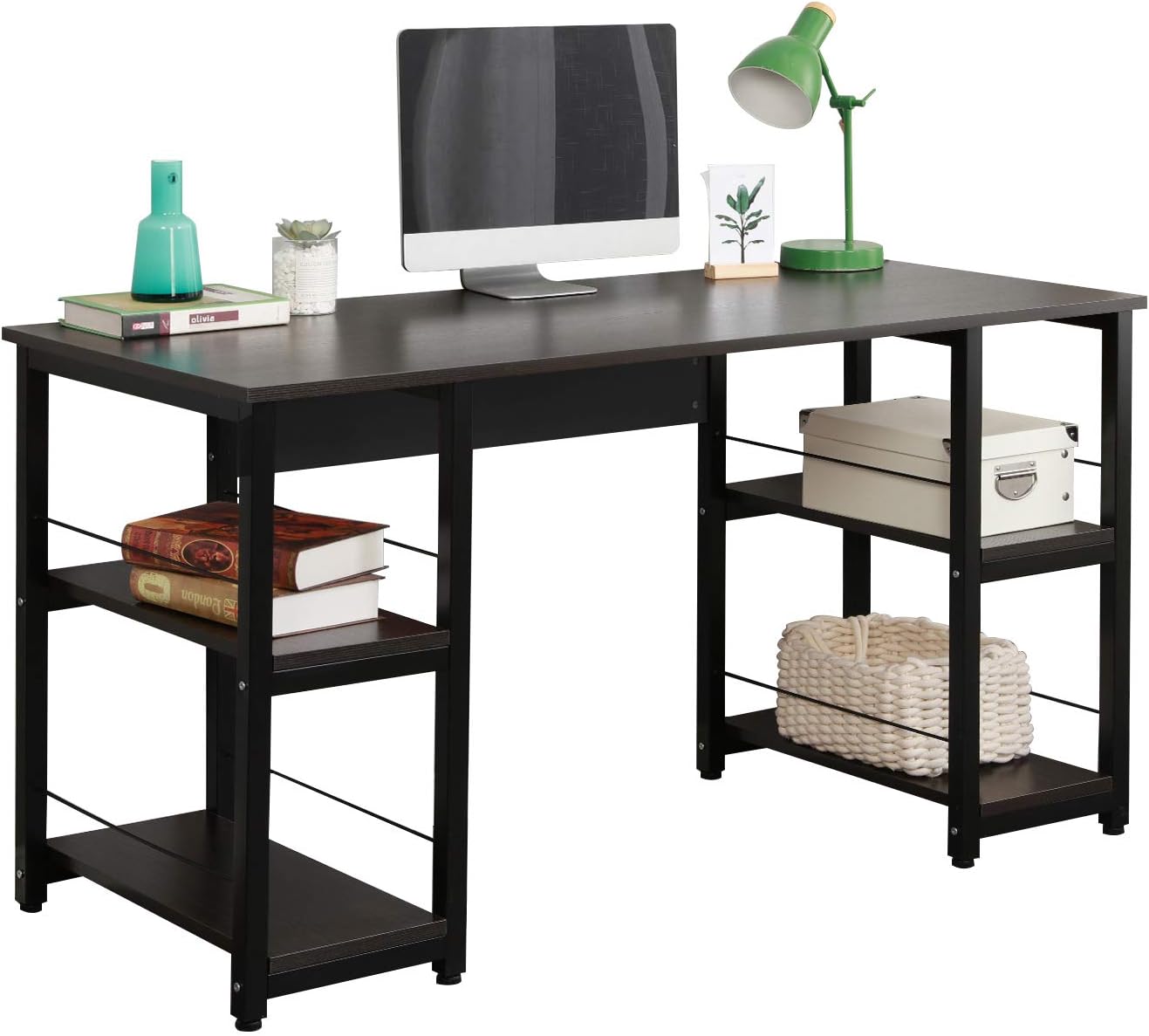 Soges Home Office Desk 55 inches Computer Desk,Morden Style Desk with Shelves Worksation Desk, Storage Desk Black DZ012-140-H