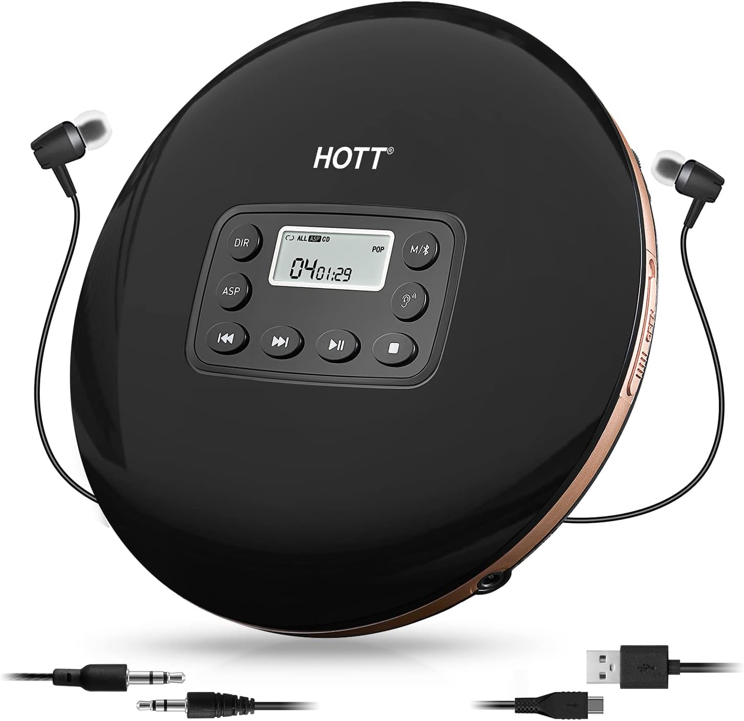 HOTT CD711T Bluetooth CD Player Portable Rechargeable for Car and Home Travel with Stereo Headphones, Anti Shock-Black