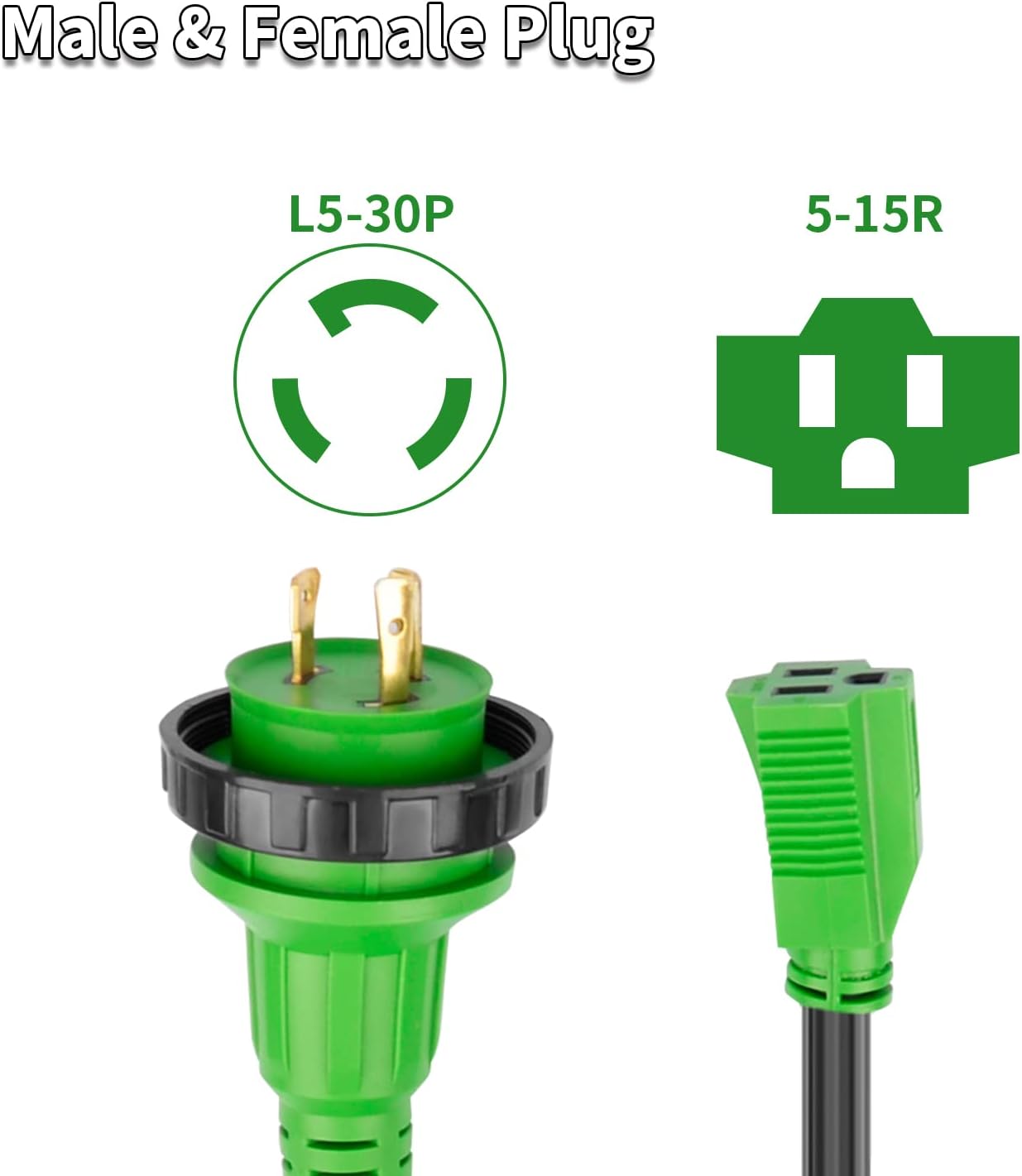 RVMATE Marine Shore Power Boat Adapter, 30amp Male to 15amp Female 18 inch 10AWG/3 Cord, Stow, Black/Green