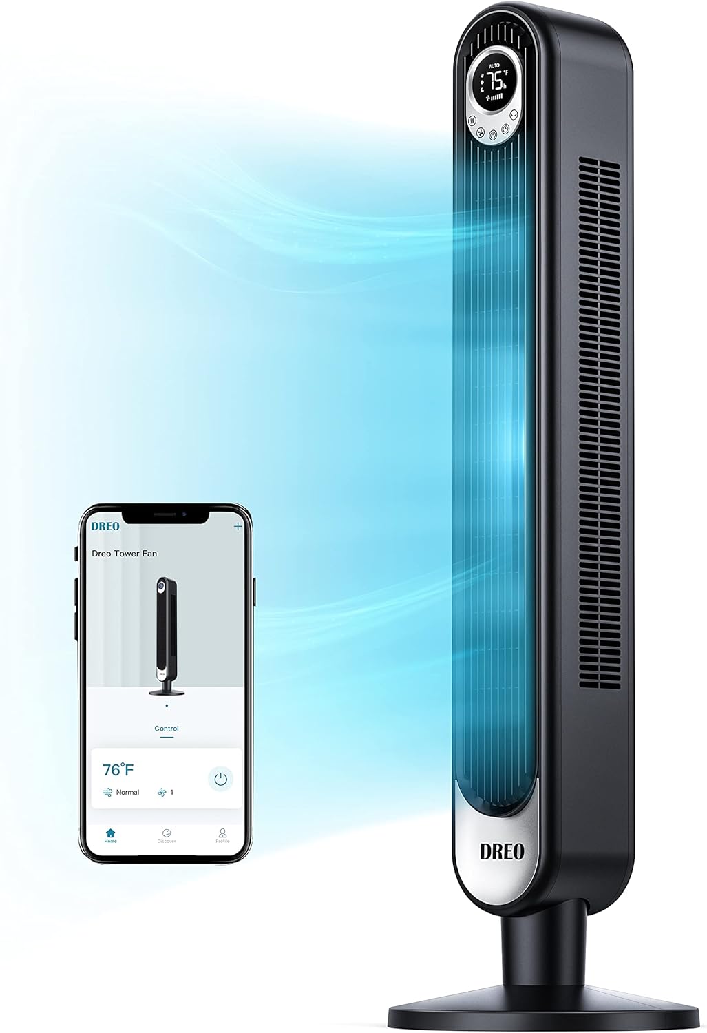 Dreo 42 Inch Tower Fan with Remote. Floor Fan Oscillating 90&deg;. Powerful Fan 6 Speeds. Quiet Bladeless Fan. 3 Modes. 12-Hour Timer. LED Display. Black Indoor Standing Fans for Home Bedroom Office Room