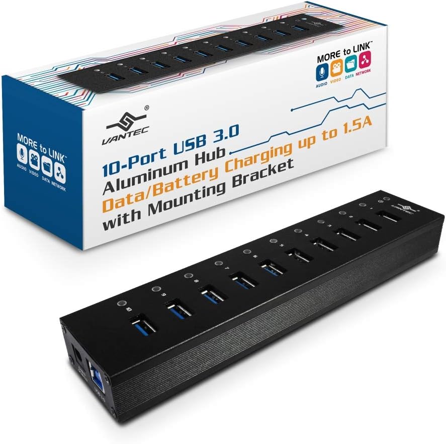 Vantec 10-Port USB 3.0 Hub, Aluminum, Full Powered, Mountable, with All Ports Data & Charging Up to 1.5A, BC 1.2, Premium 12V/5A, 60W Power Adapter (UGT-AH110U3-BK),Black Pack of 2