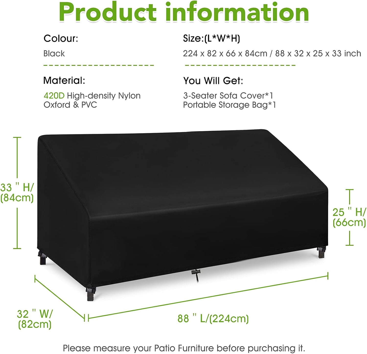 Patio Sofa Cover,Patio Loveseat Cover,Patio Seat Cover,420D Lounge Deep Chair Cover,Durable and Waterproof Outdoor Furniture Chair Cover,Oxford Cloth Cover,88''(L) x32.5''(W) x33''(H),Black