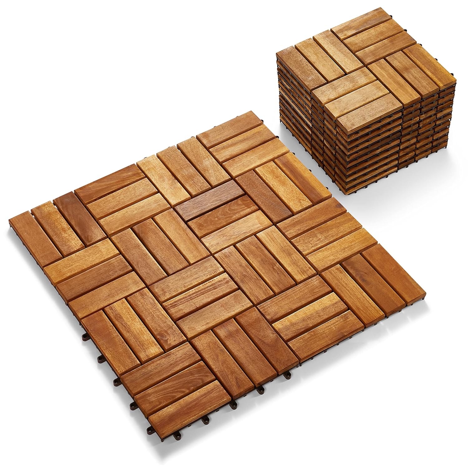 TAITIAT Solid Wood Interlocking Flooring Tiles (Pack of 10,12inx12in),Acacia Deck Tiles,Floor Tiles for Both Indoor and Outdoor Use,Waterproof All Weather(12 Slat,Natural Color)