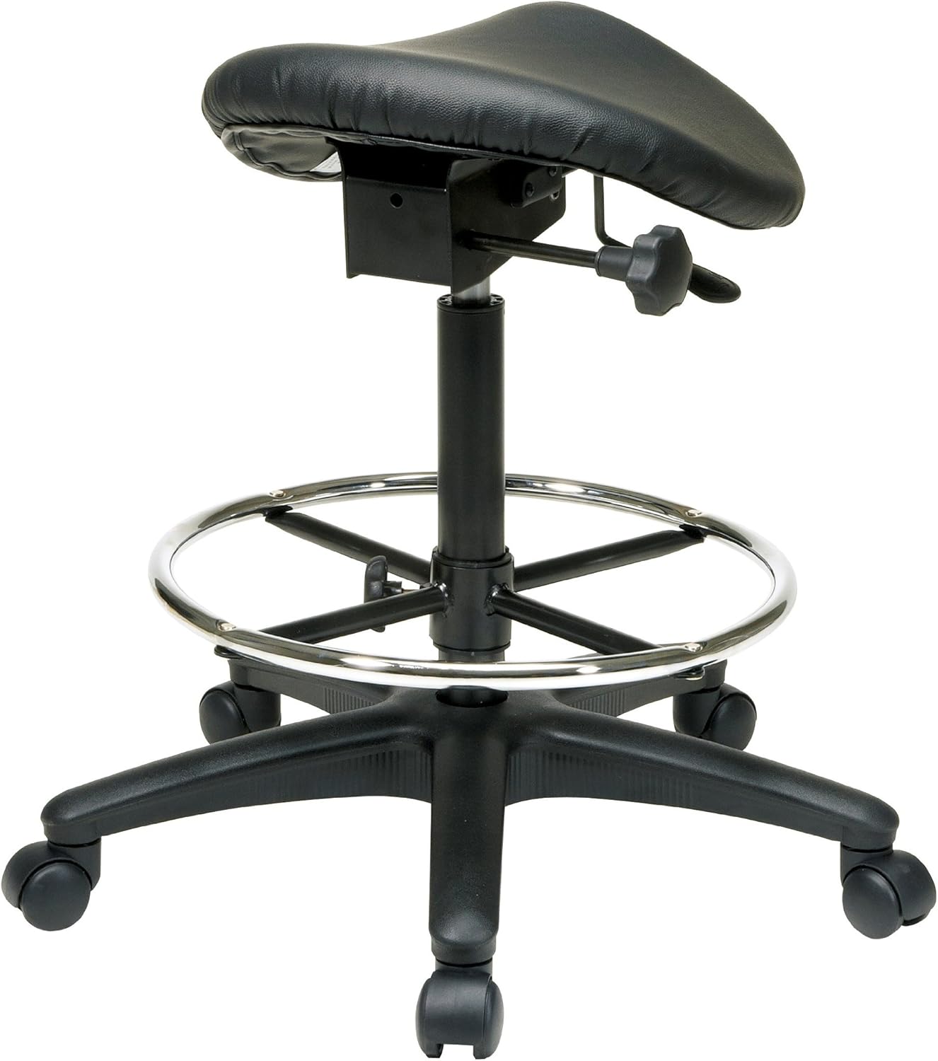 Office Star Backless Office Stool with Saddle Seat and Angle Adjustment, Black, 25 to 35-Inch Adjustable Height