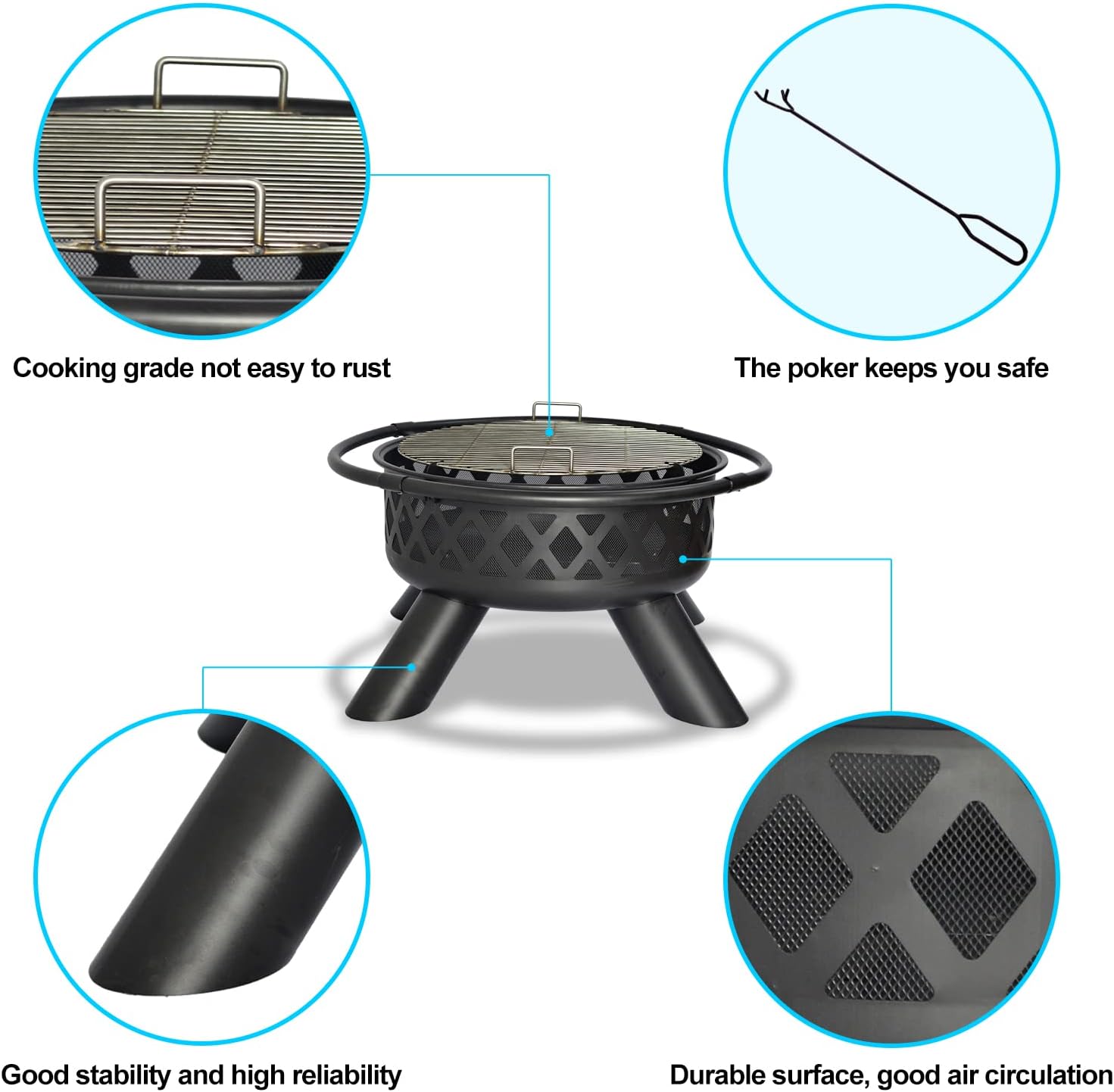 Hubble Outdoor Fire-Pit, Wood Burning Fire Pit, 37.5 Inch Large Fire Pit, Portable Pit for Outside Use, Wood Burning Steel Fire Pit with Grill, Black fire pit