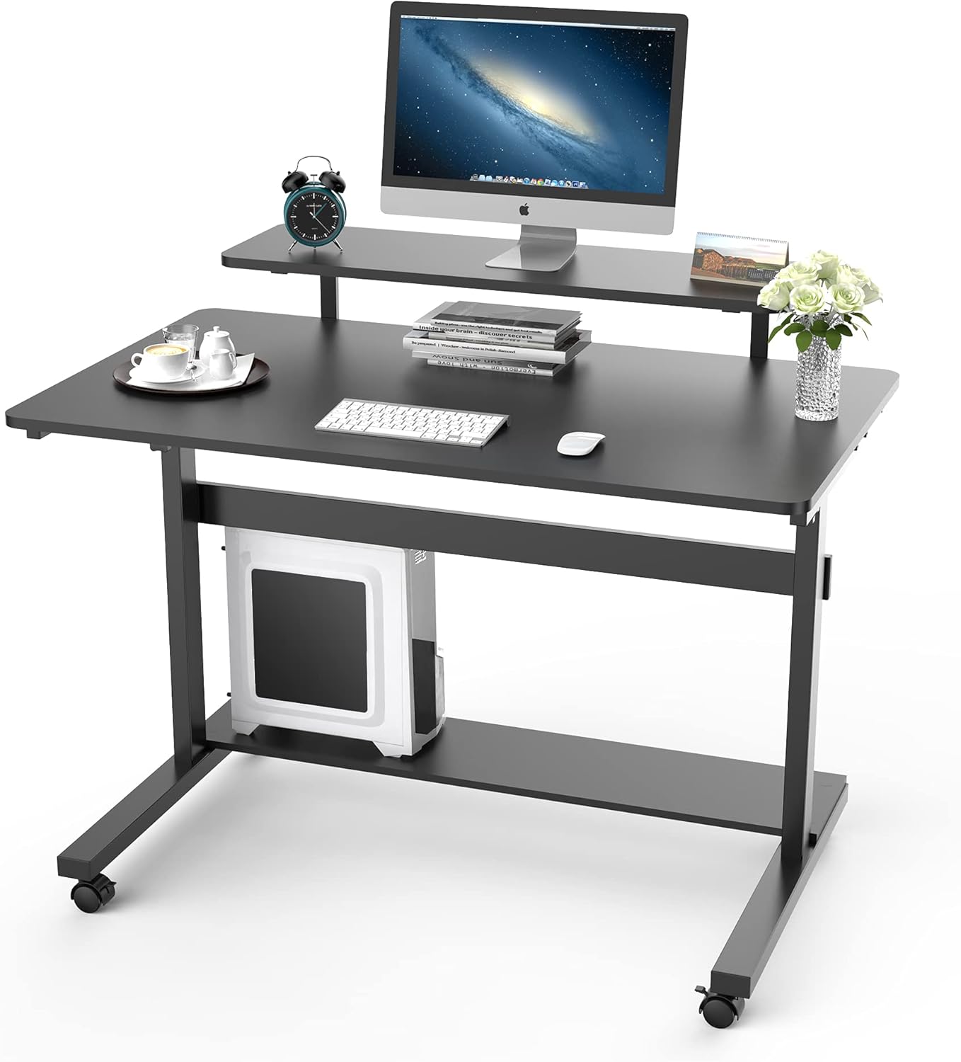 Eureka Ergonomic Height Adjustable Computer Desk, Rolling Sit Stand Desk for Home Office with Hutch, CPU Stand & Lockable Wheels, 41 inch-Black