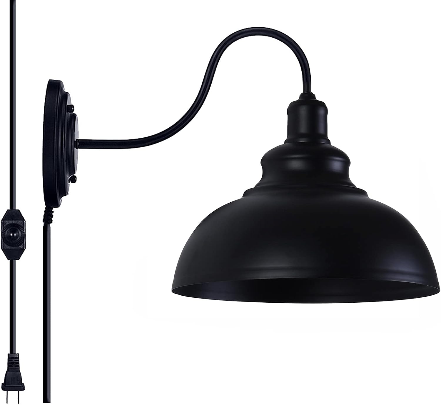 Dimmable Wall Sconce Plug in, LIGHTESS Industrial Farmhouse Sconce with Dimmer On Off Switch, Black Barn Light Gooseneck Light Fixture, OLB11