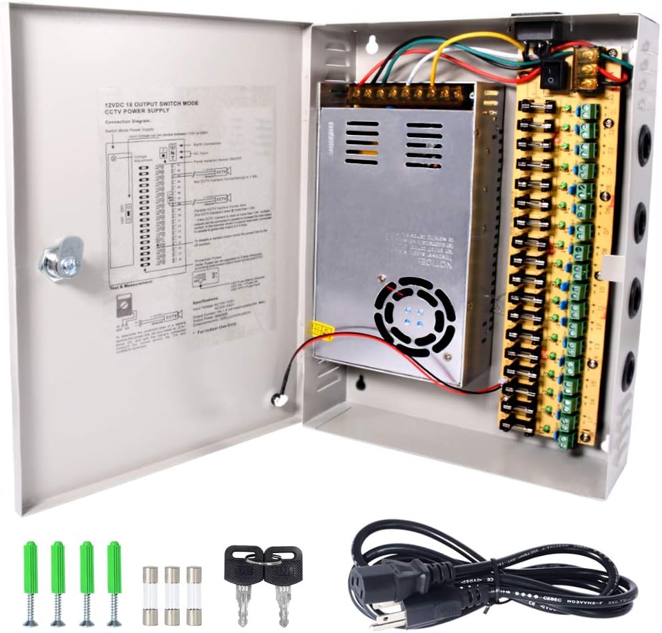 LETOUR DC Power Supply 9 Channel Port Output 12V 150W CCTV Electrical Box Distributed Power Supply Box with AC Power Line and Key (9CH 12.5A 150W)