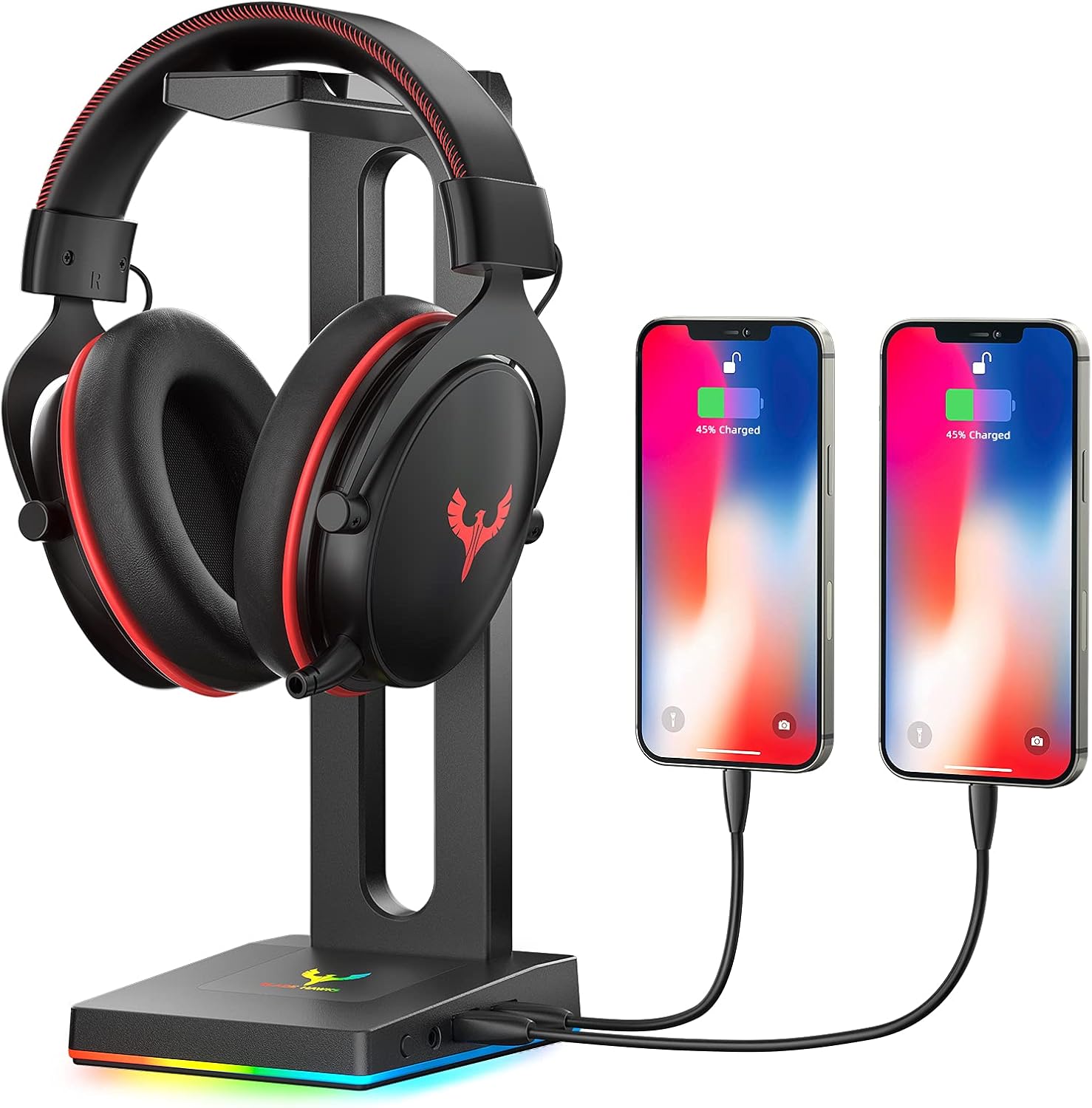 Blade Hawks RGB Headphone Stand, Gaming Headphone Stand with 2 USB Charging Ports, 3.5mm Aux Port,Headphone Holder for Gamers Gaming PC Accessories Desk Pack of 2
