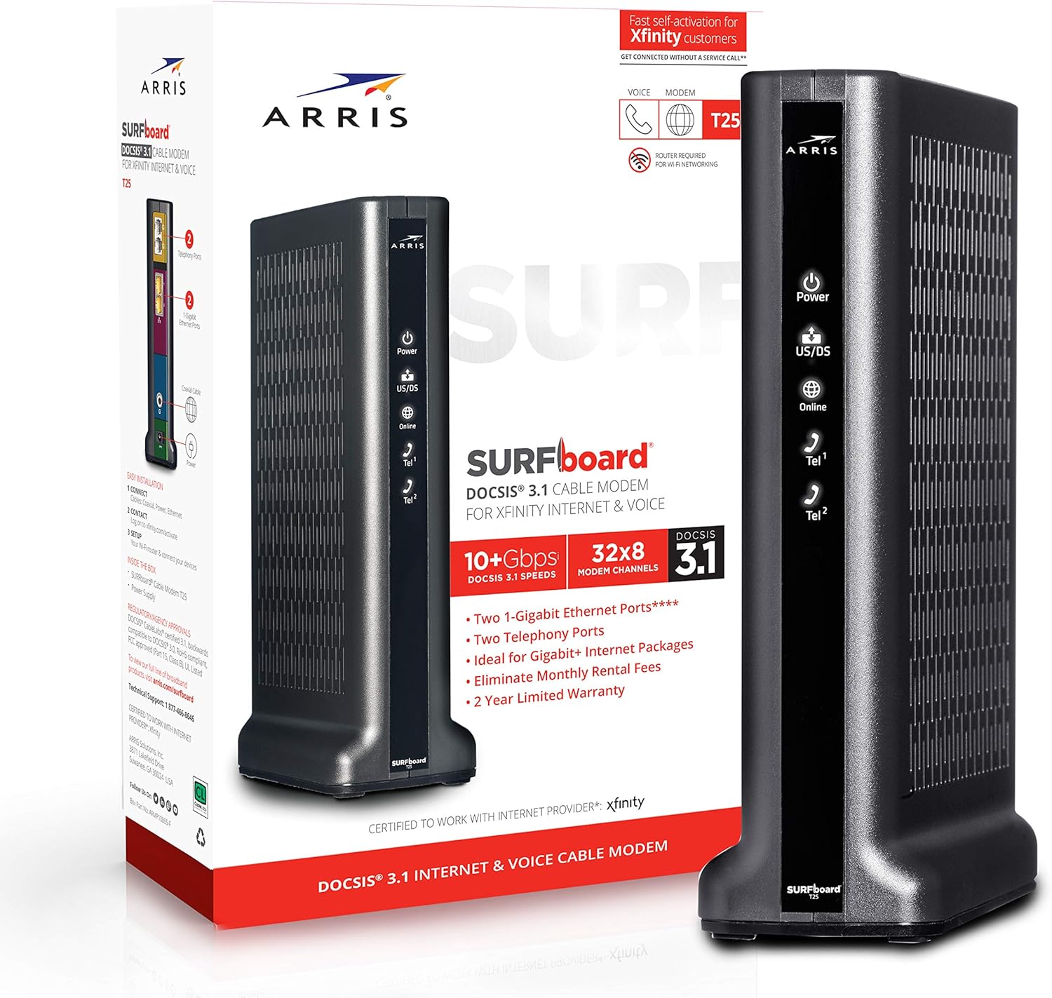 ARRIS SURFboard T25 DOCSIS 3.1 Gigabit Cable Modem | Certified for Xfinity Internet & Voice (Black) for plans up to 1000 Mbps