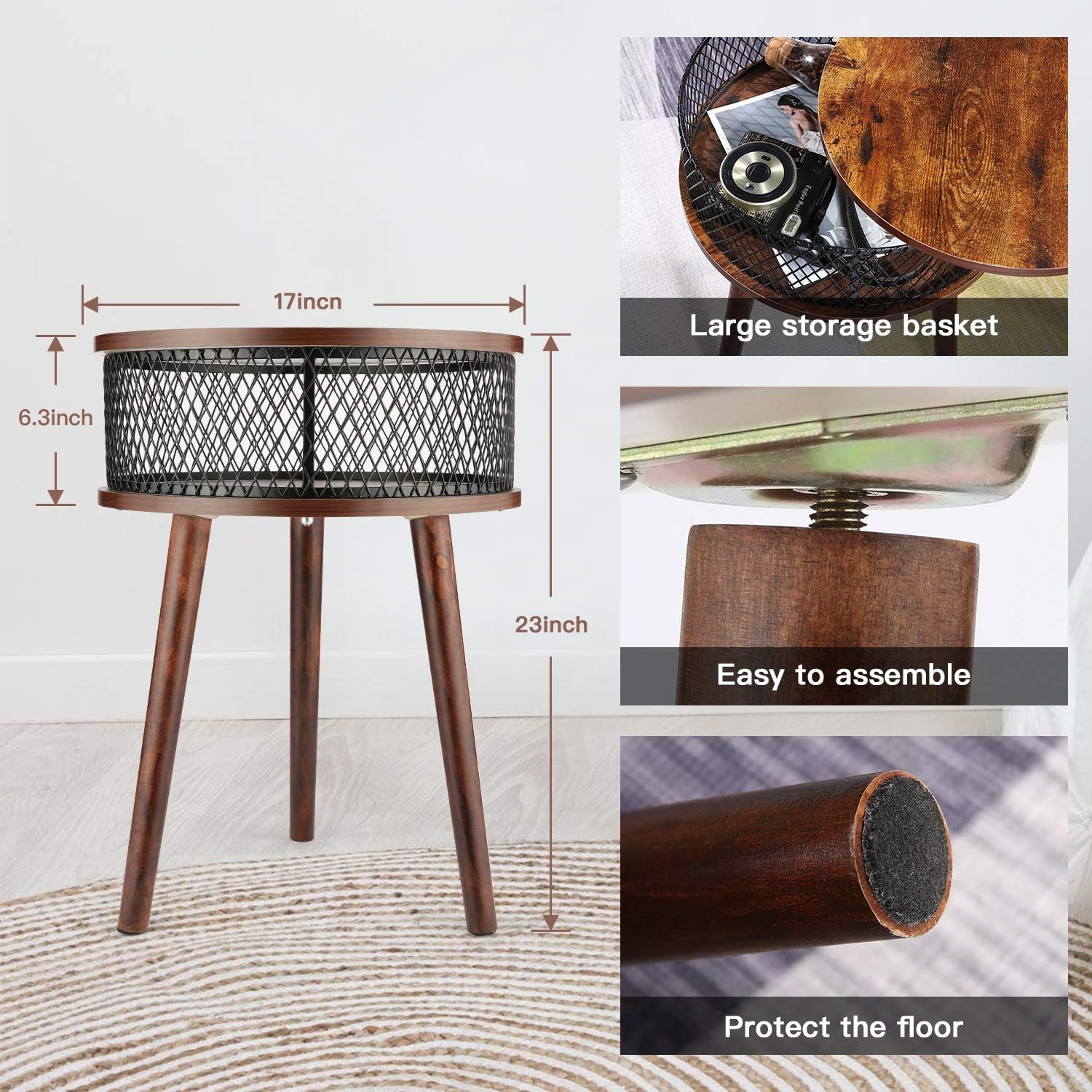 Himimi Small Round Side Table Living Room, Wooden Metal End Tables Mid Century Modern Nightstand with Storage Basket, Industrial Circle Accent Table - Black Metal Wood