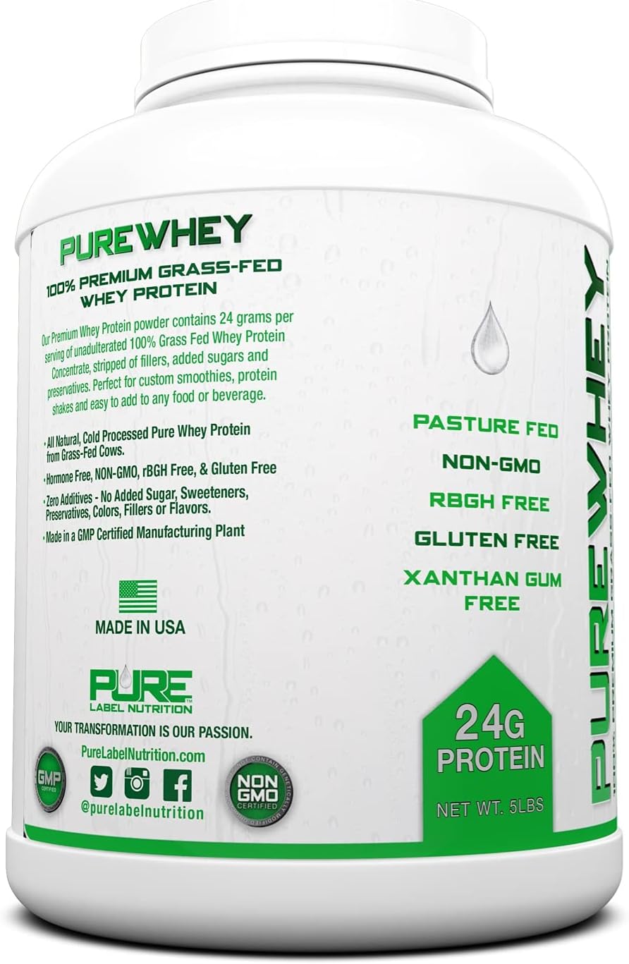 Pure Label Nutrition 100% USA Grass-Fed Whey Protein Concentrate, 5lb Unflavored, Non-GMO, rBGH Free, Soy Free, Gluten Free, Low Carbs and Low Fat, No Sugar Added, Keto Friendly Pack of 2