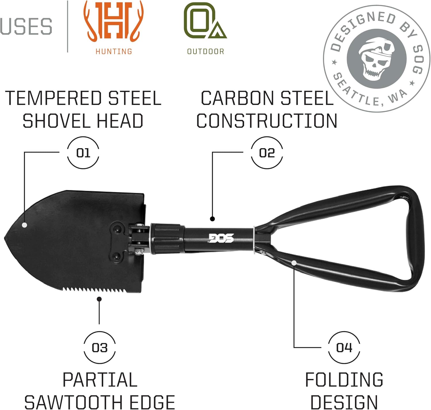 SOG Entrenching Tool- 18.25 Inch Folding Survival Shovel with Wood Saw Edge and Tactical Shovel Carry Case- Black (F08-N)