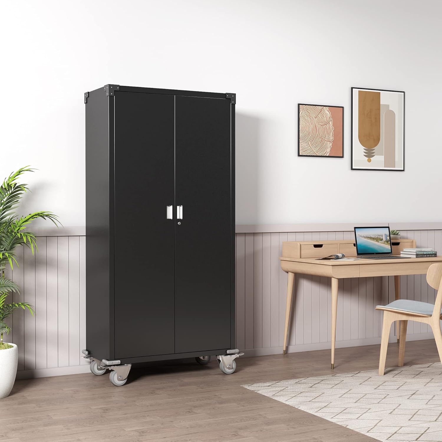 AOBABO Steel Storage Cabinet with Wheels, Lockable File Cabinet, Storage Shelving Cabinet with 72'' Tall, Home Office Metal Utility Cabinet for Garage Kitchen, Assembly Required, Black