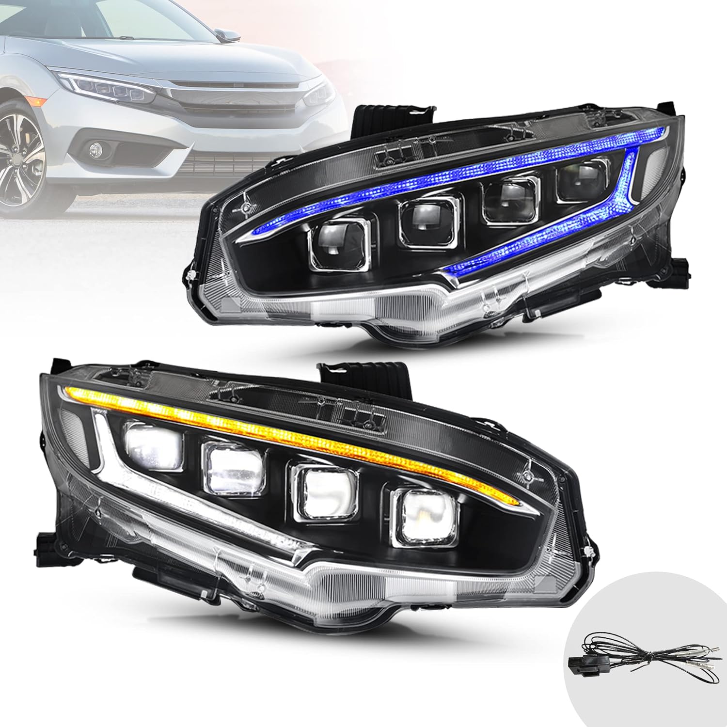 VLAND LED Projector Headlight Assembly Compatible for [ 10TH Gen Honda Civic Sedan / Coupe / Hatchback / Type R 2016 2017 2018 2019 2020 ] with Sequential Turn Signal, LED Start-Up Blue DRL