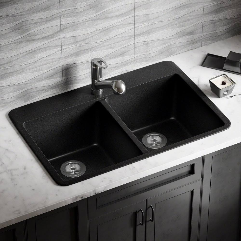 Mr Direct Black Quartz Granite 33 in. Double Bowl Drop-In Kitchen Sink with Strainers T802-BL