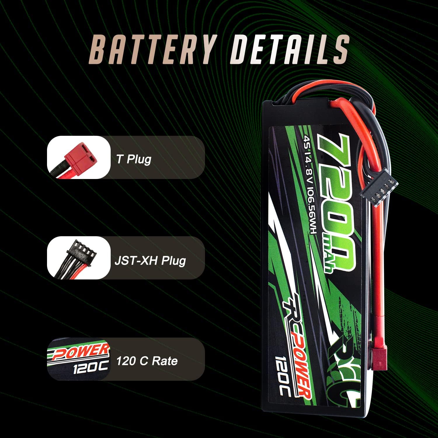 RCPOWER 14.8V 7200mAh 4S Lipo Battery 120C Hard Case Lipo Battery with T Plug for RC Vehicles, RC Car, RC Truck, RC Boat (2Packs)