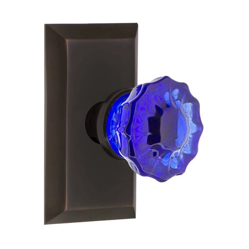 Nostalgic Warehouse Studio Plate Privacy Crystal Cobalt Glass Door Knob in Timeless Bronze