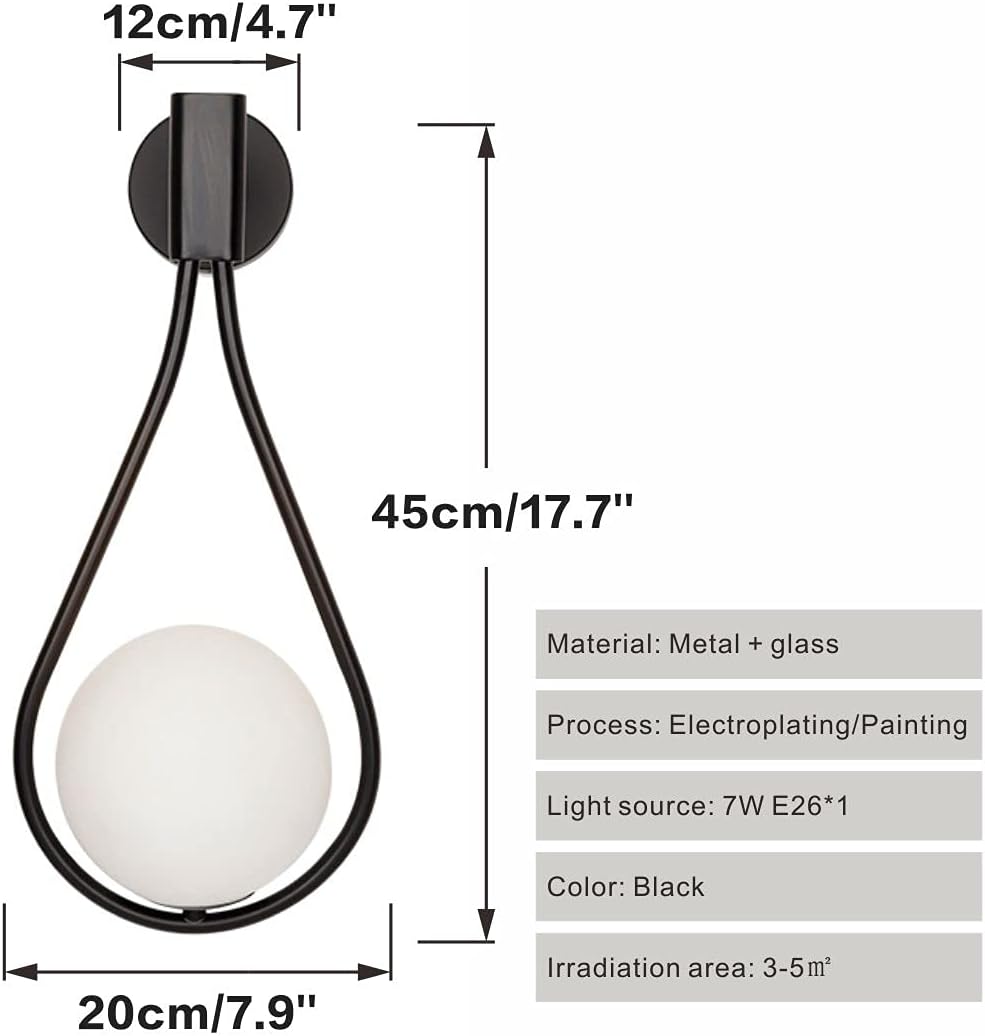 BOKT Modern Glass Wall Lamp Black Wall Mounted Sconces,Mid-Century Bedroom Bedsides Water Drop Wall Light with Plug Home Decoration (Black Plug in-2Pack)