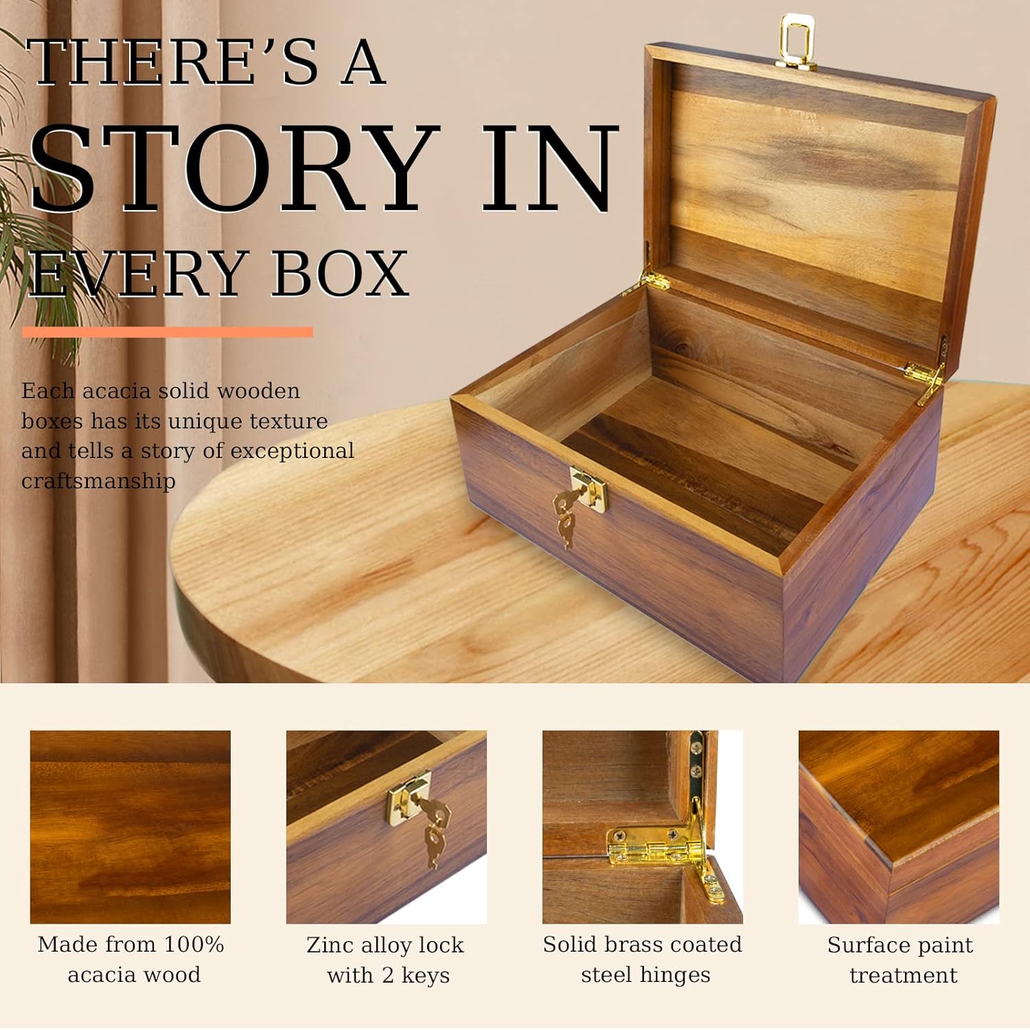 Wood Box Large Keepsake Boxes with Hinged Lids Solid Wooden Storage Boxes with Lock Big Sturdy Treasure Chest Decorative Stash Memory Gift Box for Office Home Decor (Large) Pack of 2