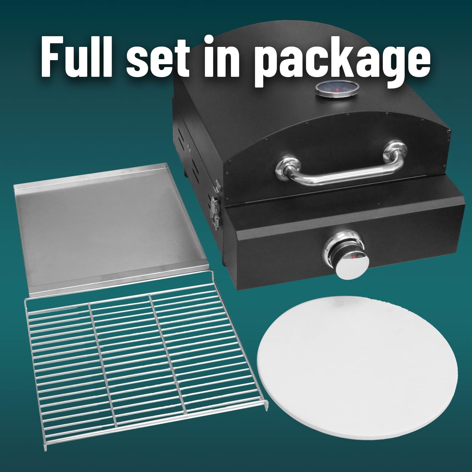 Wantjoin Outdoor Gas Pizza Oven Stainless Steel, Pizza Maker with pizza shovel and knife,12 Inch Cordierite Pizza Stone, Thermometer for BBQ, Camping, Picnics (single layer, Black)