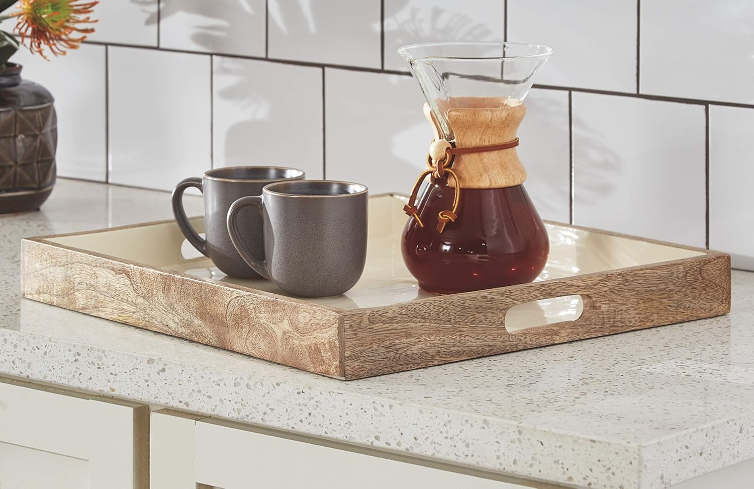 Signature Design by Ashley Moria Rustic Square Decorative Wood Tray, Brown & White Pack of 2