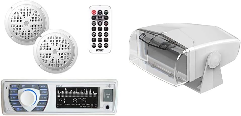 Marine Receiver & Speaker Kit - In-Dash LCD Digital Stereo Built-in Bluetooth & Microphone w/ AM FM Radio System 5.25’’ Waterproof Speakers (2) MP3/USB/SD Readers & Remote Control - Pyle PLMRKT36WT Pack of 2