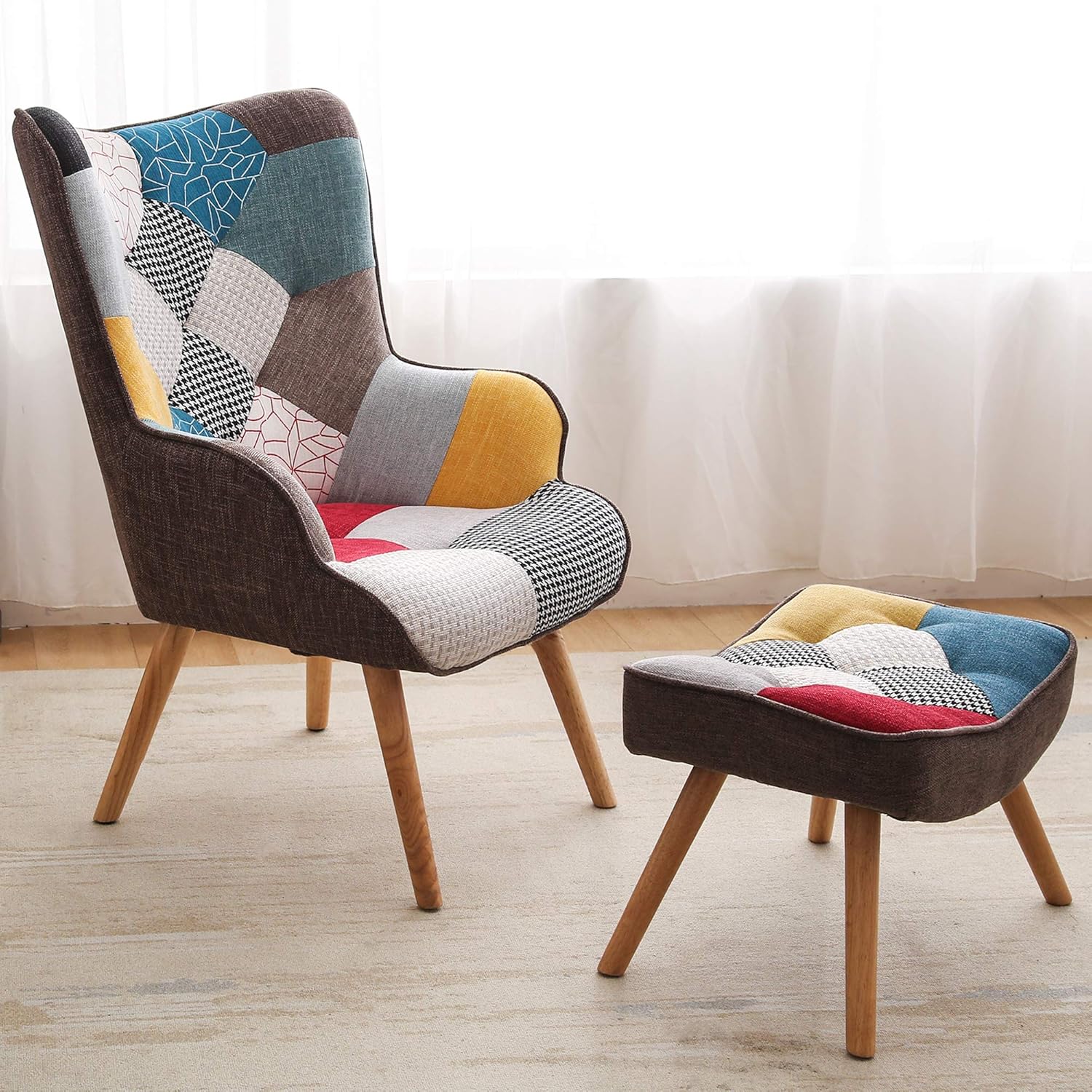 KGOPK Accent Chair with Ottoman, Living Room Chair and Ottoman Set, Comfy Side Armchair for Bedroom, Creative Splicing Cloth Surface, Colorful