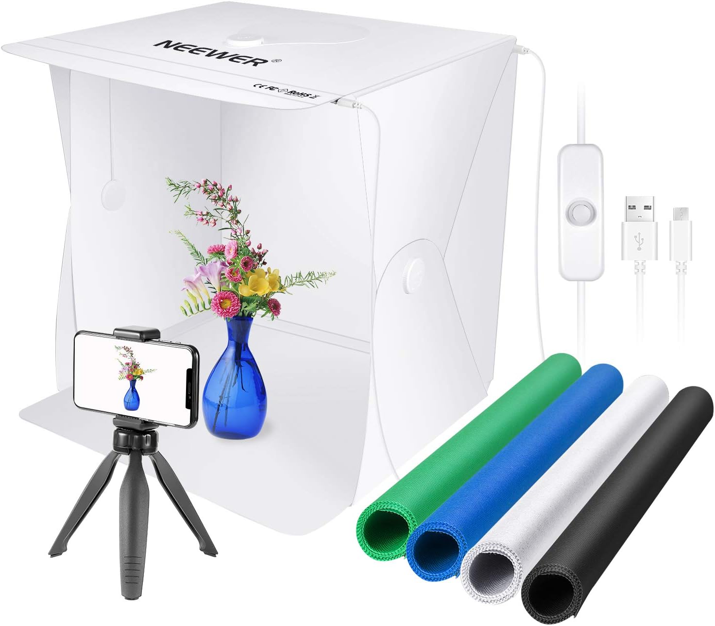 Neewer 16x16 inches Photography Table Top Light Box with 2 LED Strips, 14W Foldable Photo Studio Shooting Tent with 4pcs Colors Backdrops/6500K/USB Powered/Mini Tripod & Phone Holder Included Pack of 2