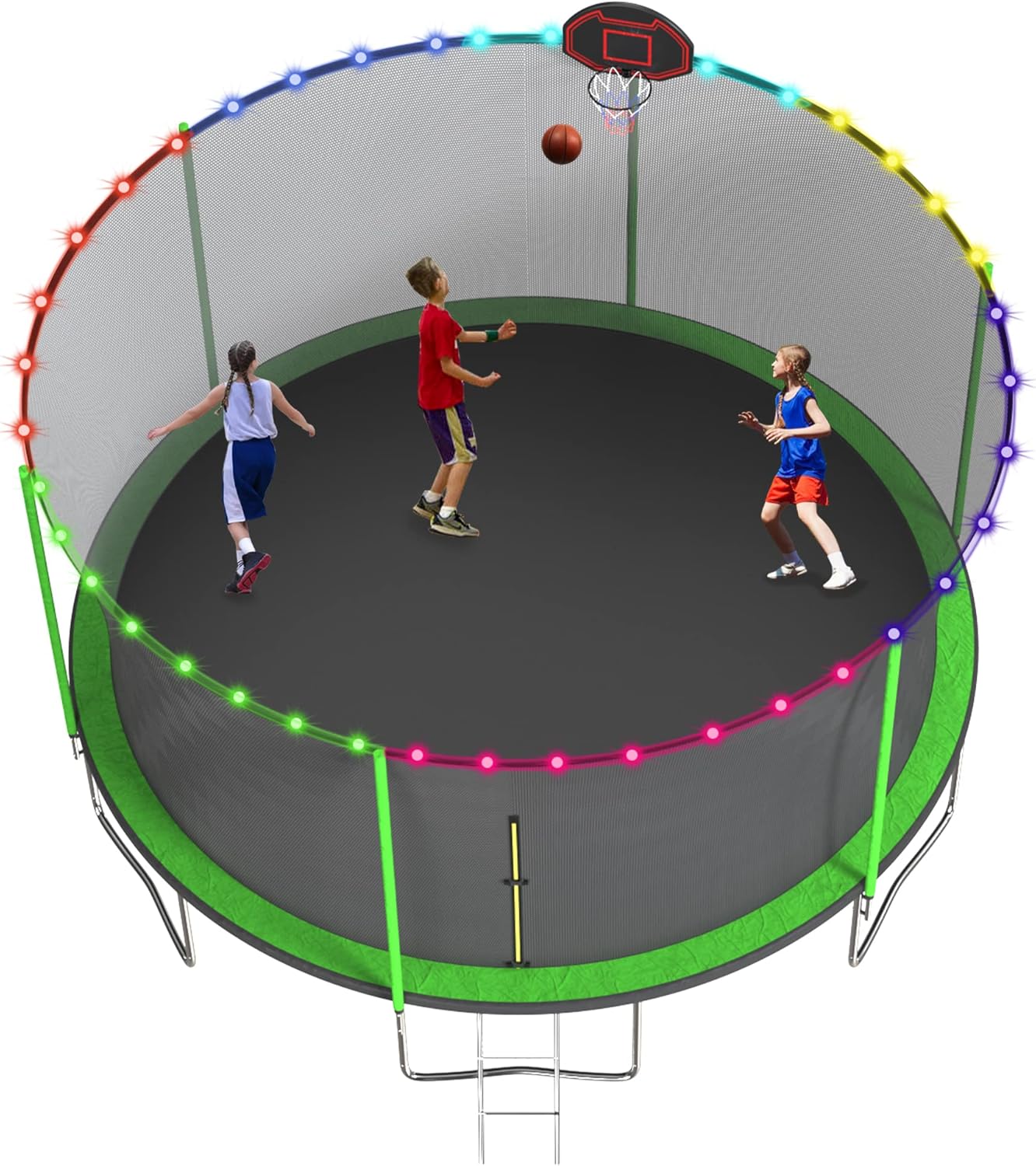 Jump Into Fun 12FT 14 FT Tranpoline for Kids Adults [ASTM CPC CPSIA Approved] Recreational Outdoor Backyard Big Tranpolines with Safety Enclosure Net, Basketball Hoop, Lights, Ladder