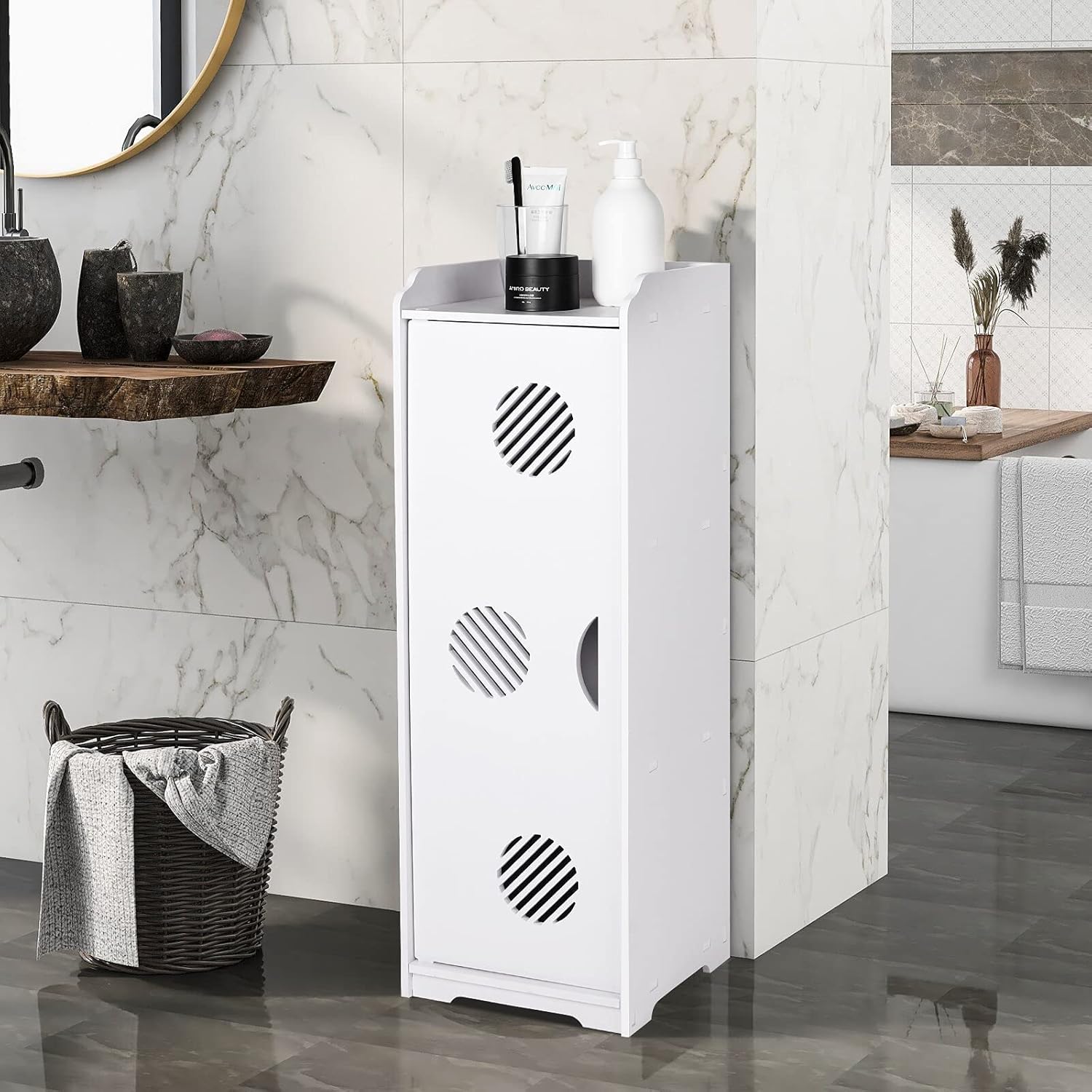 White Bathroom Floor Cabinet,Multi-Purpose Storage Cabinet Unit,Free Standing Bathroom Furniture Cabinet with Door and Shelves for Living Room,Bedroom,Kitchen,Hallway,etc Pack of 2