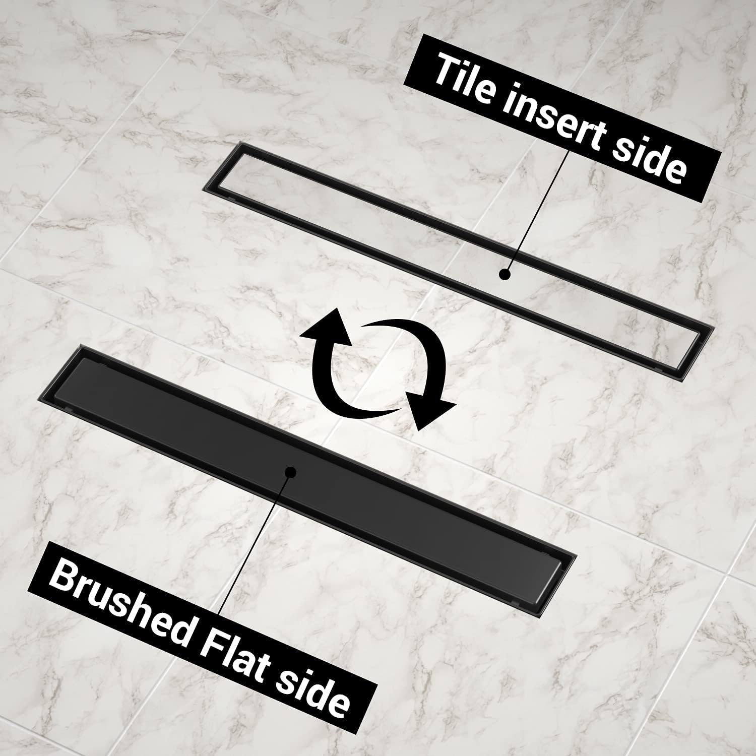 Linear Shower Drain 36 Inch Matte Black with 2-in-1 Flat & Tile Insert Cover, 304 Stainless Steel Rectangle Shower Floor Drain with Adjustable Feet, Threaded Adapter