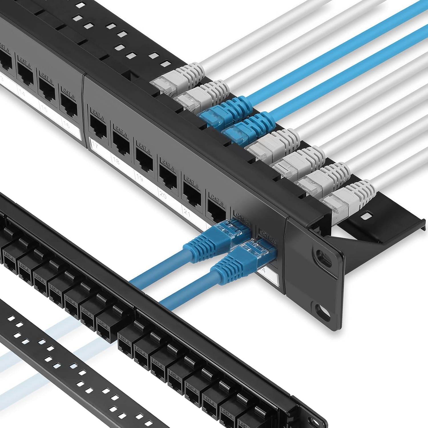Patch Panel 24 Port Cat6 with Inline Keystone 10G Support, Rapink Pass-Thru Coupler Patch Panel UTP 19-Inch with Removable Back Bar, 1U Network Patch Panel for Cat6, Cat5e, Cat5 Cabling Pack of 2