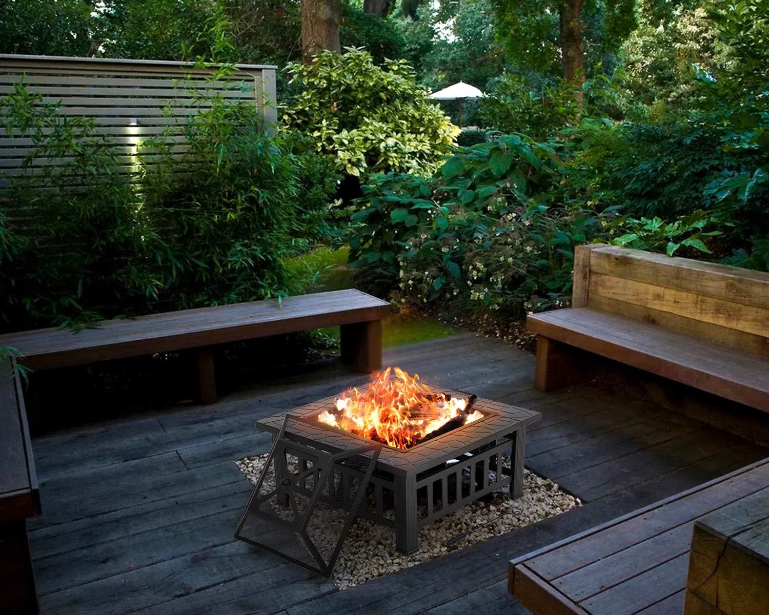 Outdoor Fire Pit,32 inch Square Metal Firepit for Patio Wood Burning Fireplace Garden Stove with Poker Mesh Cover ,Charcoal Rack for Camping Picnic Bonfire Backyard