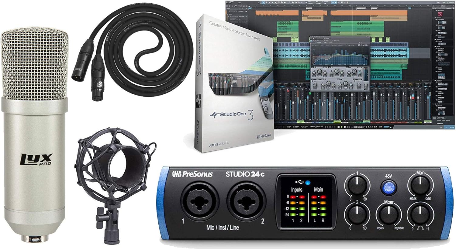 PreSonus Studio 24c 2x2 USB Type-C Audio/MIDI Interface and Studio One Artist Software kit with Condenser Microphone Shockmount, and XLR Cable