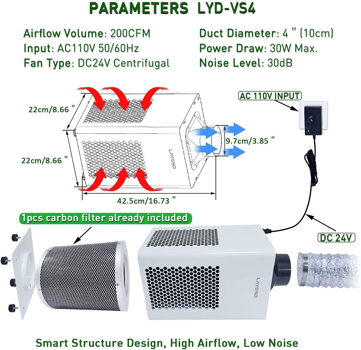 LAYOND 4” Carbon Filter Grow Tent Ventilation System, 200CFM Super Quiet Inline Fan Kit, Bigger Capacity Full Charcoal Filter, Variable Speed Controller, 10ft Ducting and 5ft Power Cord Adaptor