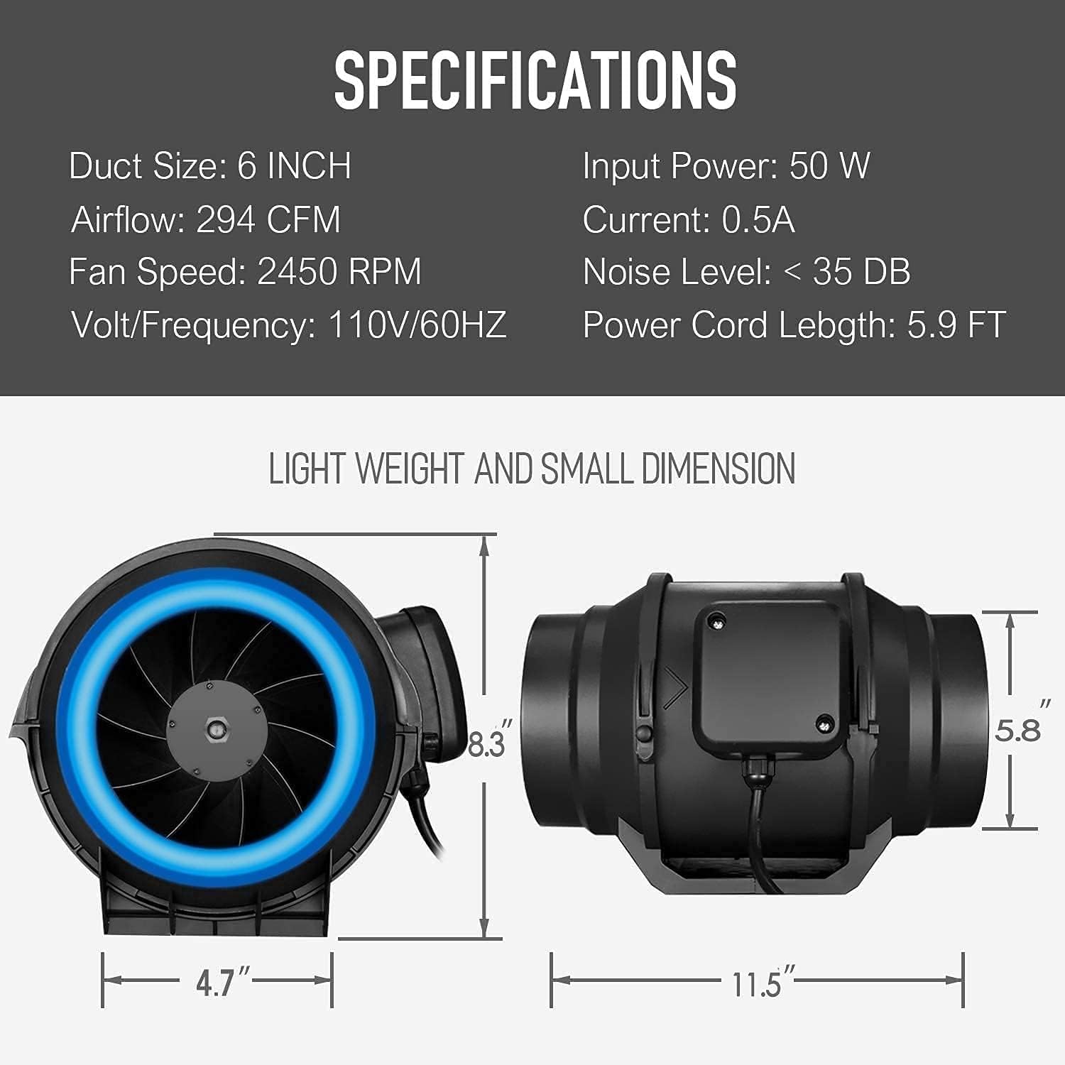 iPower 6 Inch 294 CFM Inline Duct Fan with Variable Speed Controller HVAC Quiet Exhaust Blower, for Grow Tent Ventilation, 6