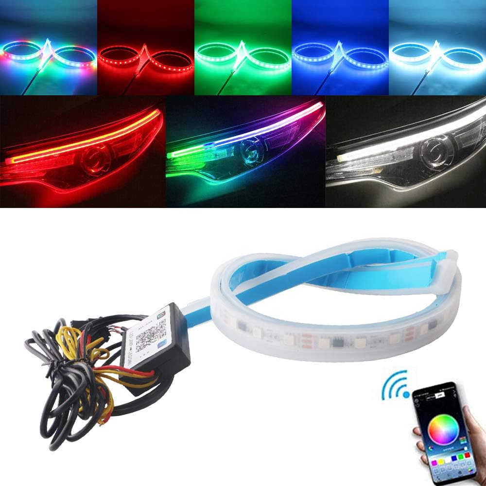 Qasim Car LED Strip Lights, RGB Multi Color 60CM/24 Inch Flexible Waterproof LED Daytime Running Light Strip Neon Turn Signal Lights Switchback Light APP Control-2Packs