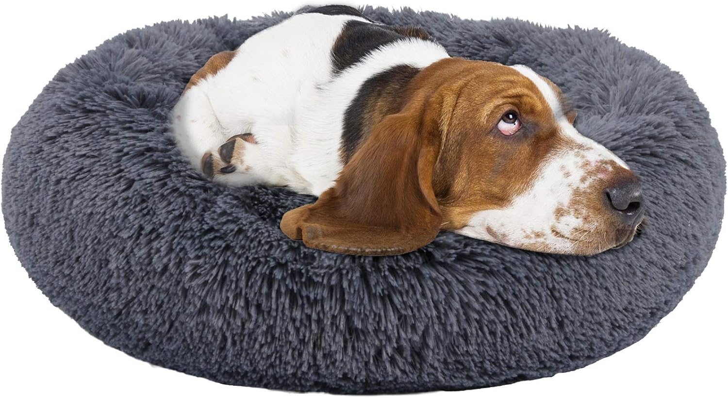 Nitedu Donut Dog Bed, Faux Fur Soft Comfortable Calming Beds for Medium Small Dogs Self Warming Indoor Round Pillow Cuddler (Black)