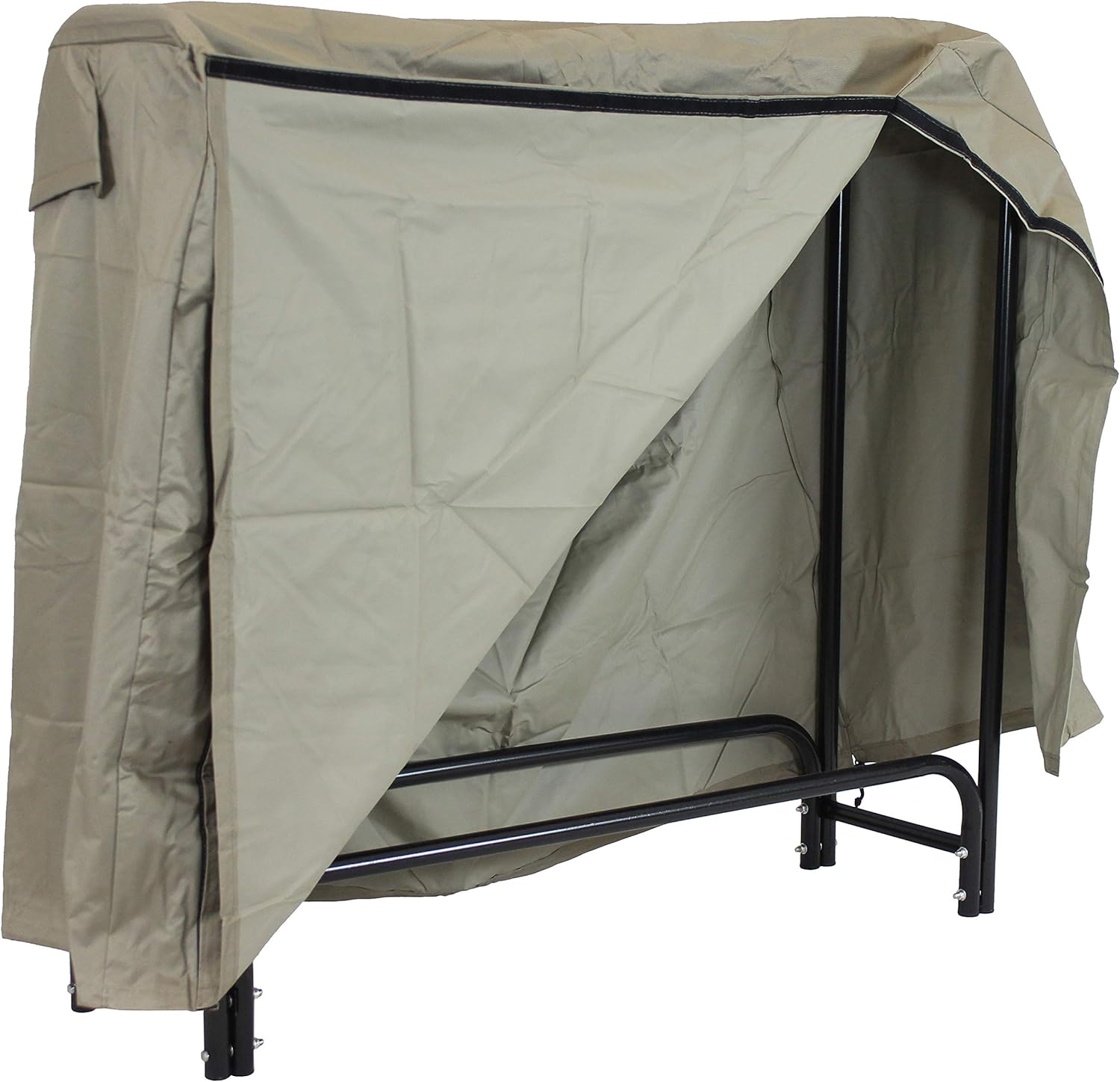 Sunnydaze Outdoor Firewood Log Rack and Cover Set - 4-Foot Powder-Coated Steel Lumber Storage System with Durable Weather-Resistant Protective Khaki PVC Top